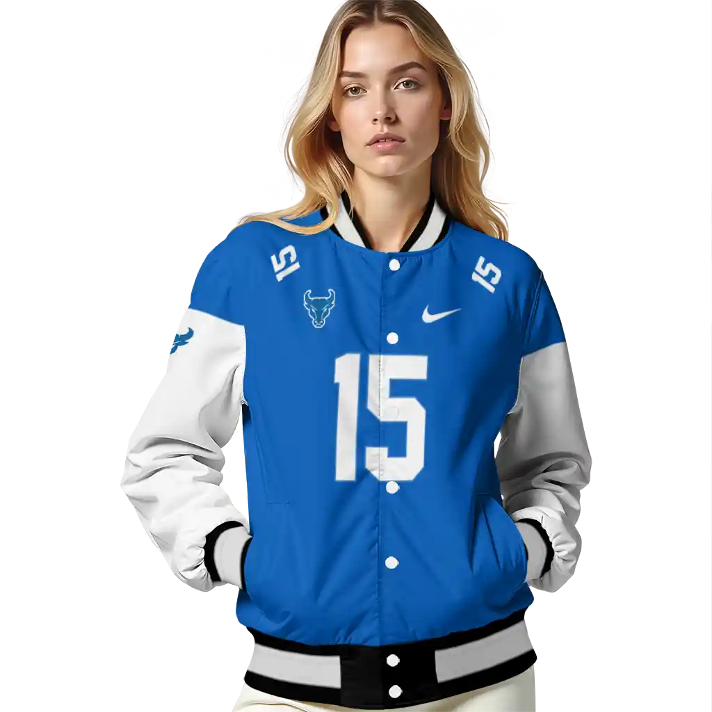 personalized buffalo bulls team patch royal blue varsity jacket latest model personalized buffalo bulls team patch royal blue varsity jacket latest model