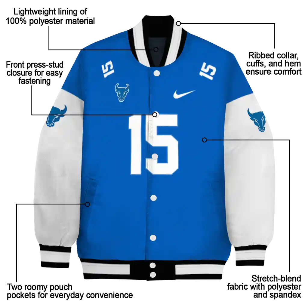 personalized buffalo bulls team patch royal blue varsity jacket new arrival personalized buffalo bulls team patch royal blue varsity jacket new arrival