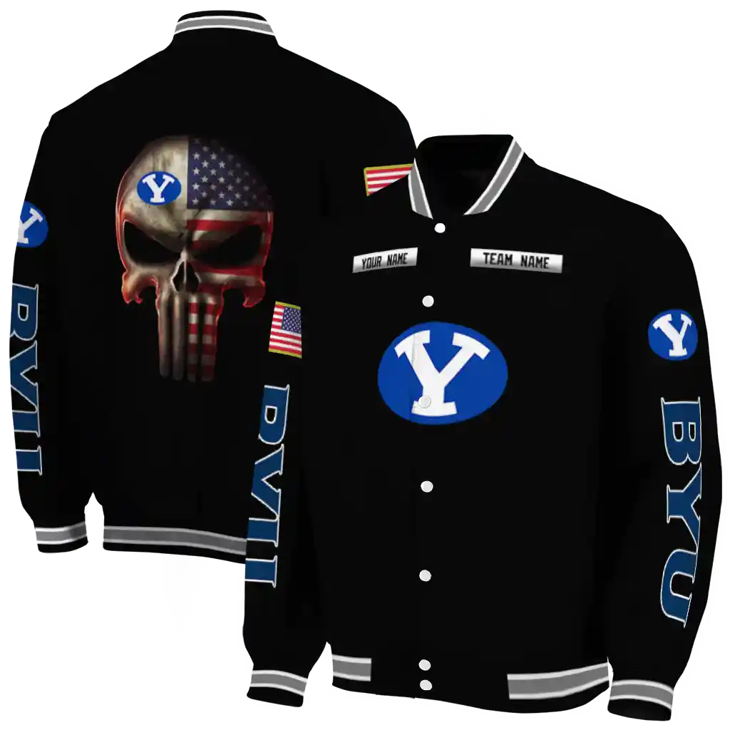 personalized byu cougars american flag skull black varsity jacket fashion forward personalized byu cougars american flag skull black varsity jacket fashion forward