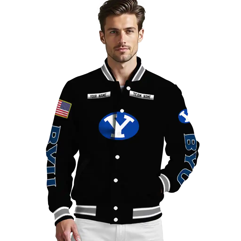 personalized byu cougars american flag skull black varsity jacket high quality personalized byu cougars american flag skull black varsity jacket high quality