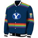 personalized byu cougars rainbow jersey number blue varsity jacket best selling