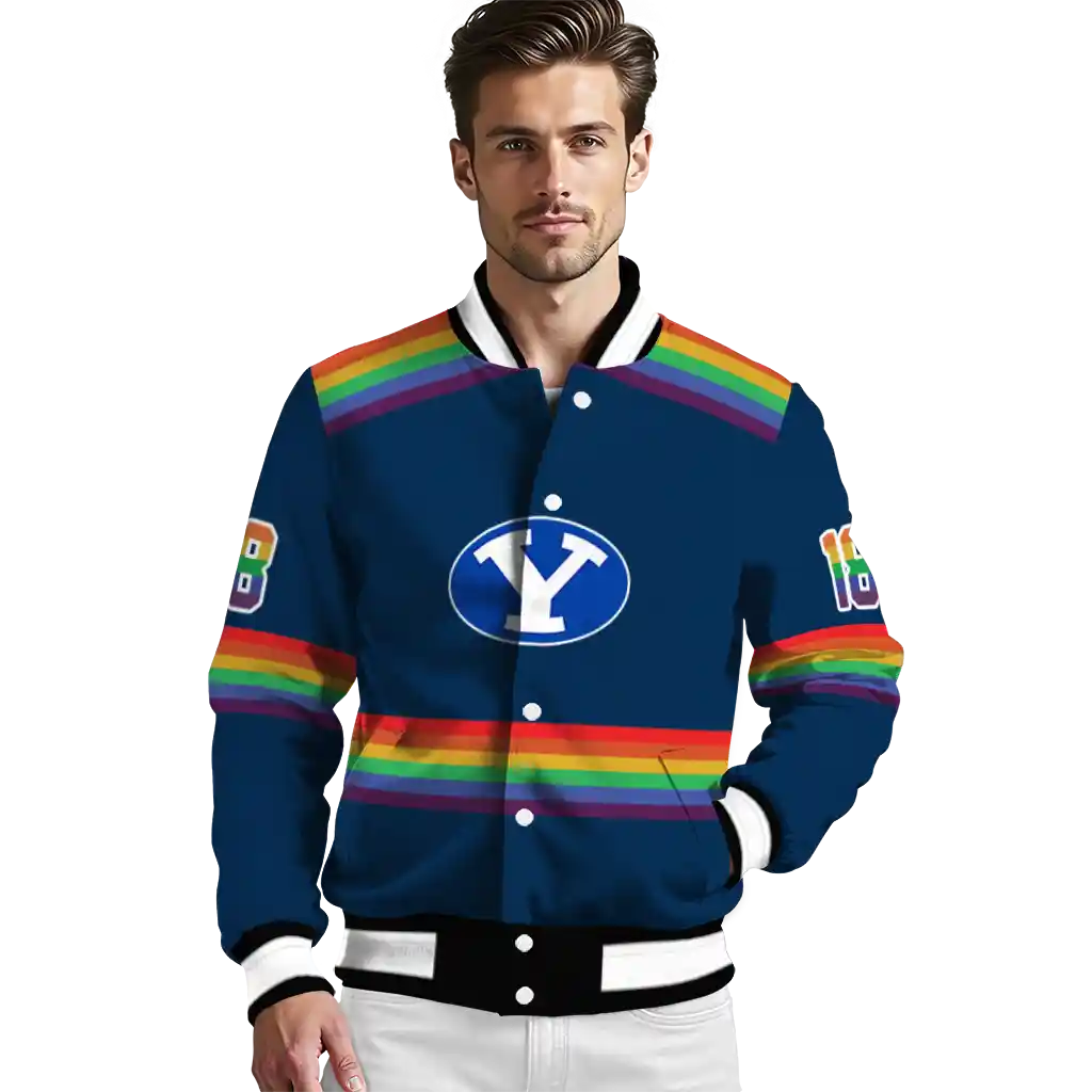 personalized byu cougars rainbow jersey number blue varsity jacket high quality personalized byu cougars rainbow jersey number blue varsity jacket high quality