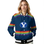 personalized byu cougars rainbow jersey number blue varsity jacket best selling