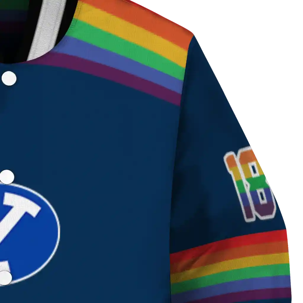 personalized byu cougars rainbow jersey number blue varsity jacket premium grade personalized byu cougars rainbow jersey number blue varsity jacket premium grade
