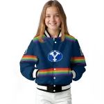 personalized byu cougars rainbow jersey number blue varsity jacket best selling