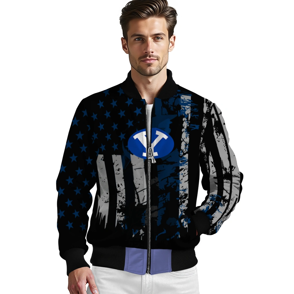 personalized byu cougars star stripes blue black bomber jacket high quality personalized byu cougars star stripes blue black bomber jacket high quality
