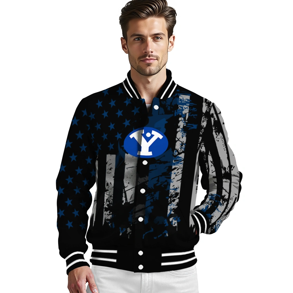 personalized byu cougars star stripes blue black varsity jacket high quality personalized byu cougars star stripes blue black varsity jacket high quality