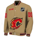 personalized calgary flames claw burst beige varsity jacket best selling