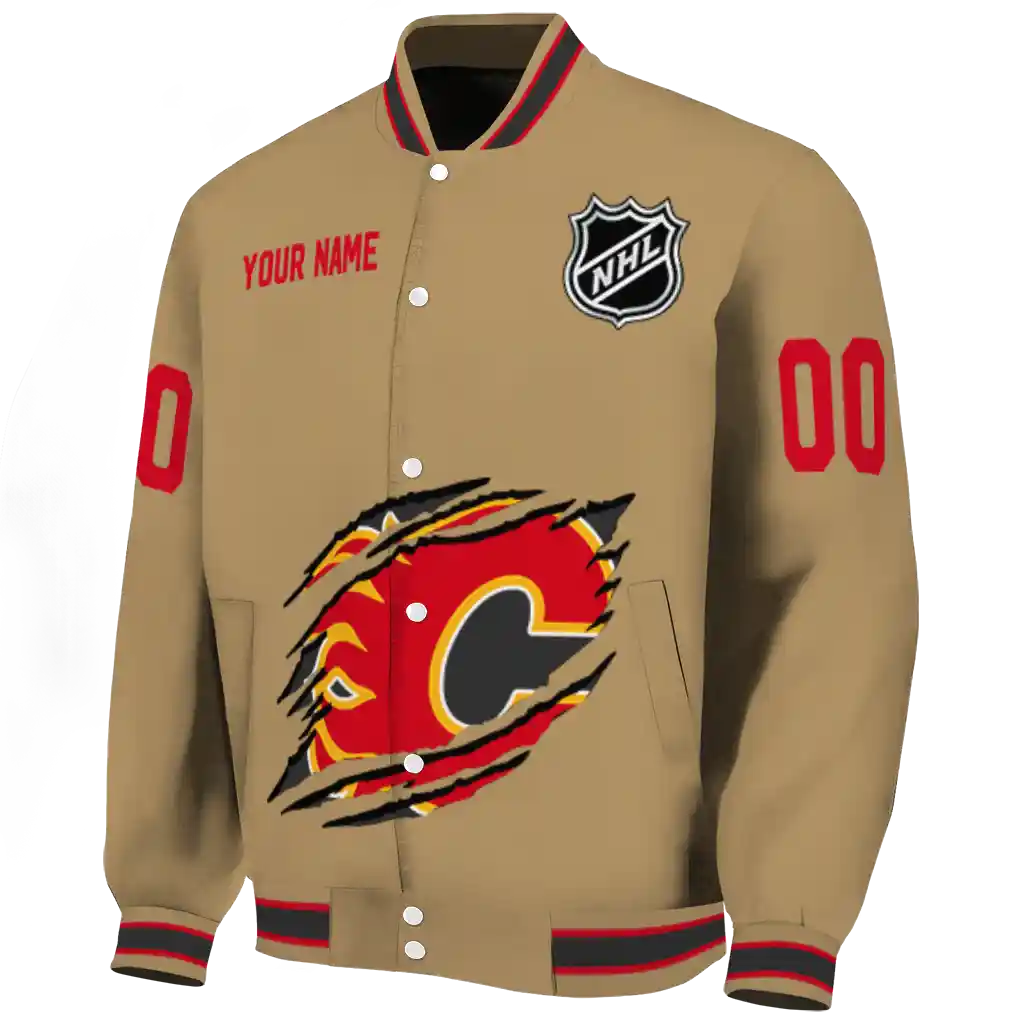 personalized calgary flames claw burst beige varsity jacket best selling personalized calgary flames claw burst beige varsity jacket best selling
