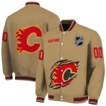personalized calgary flames claw burst beige varsity jacket best selling