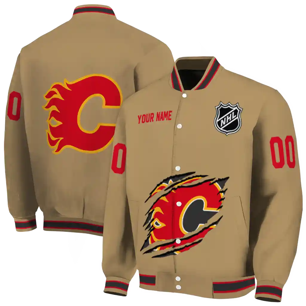 personalized calgary flames claw burst beige varsity jacket fashion forward personalized calgary flames claw burst beige varsity jacket fashion forward