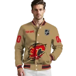 personalized calgary flames claw burst beige varsity jacket best selling