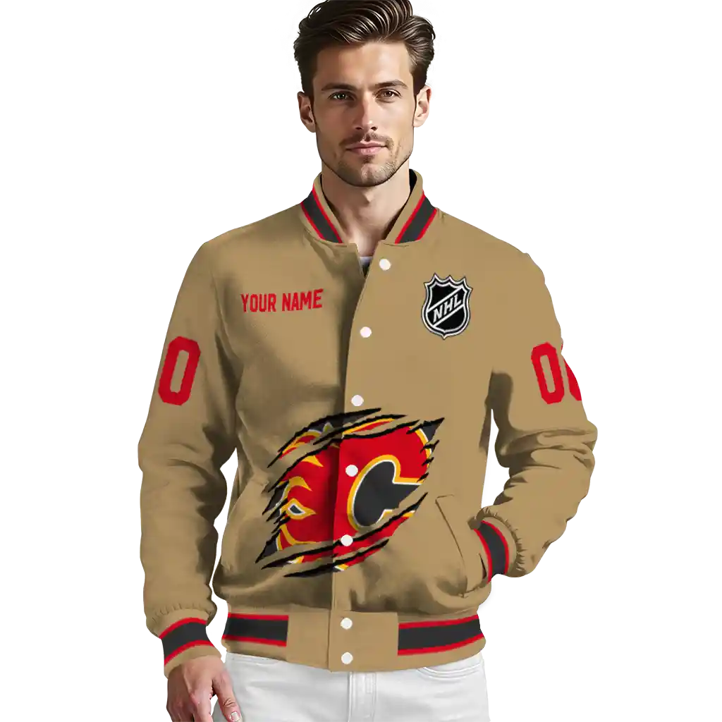 personalized calgary flames claw burst beige varsity jacket high quality personalized calgary flames claw burst beige varsity jacket high quality