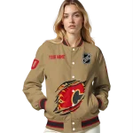 personalized calgary flames claw burst beige varsity jacket best selling