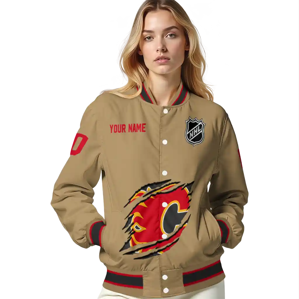 personalized calgary flames claw burst beige varsity jacket latest model personalized calgary flames claw burst beige varsity jacket latest model