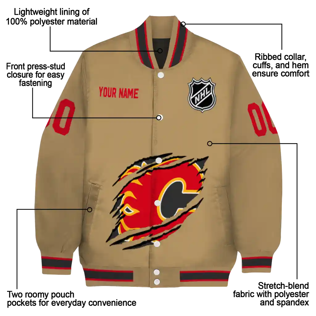 personalized calgary flames claw burst beige varsity jacket new arrival personalized calgary flames claw burst beige varsity jacket new arrival