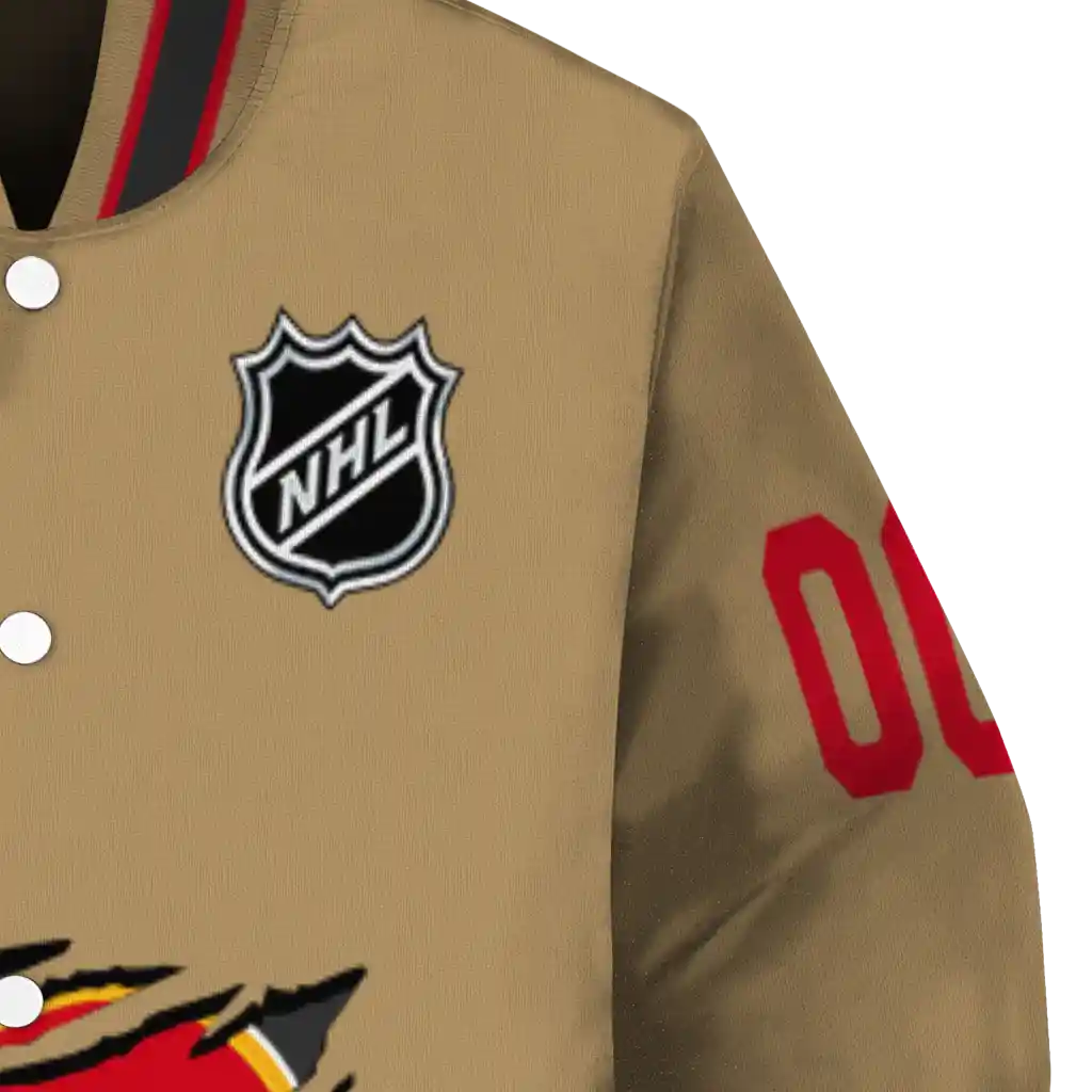 personalized calgary flames claw burst beige varsity jacket premium grade personalized calgary flames claw burst beige varsity jacket premium grade