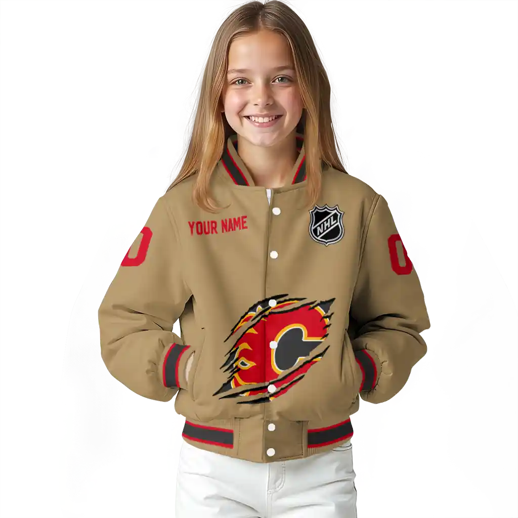 personalized calgary flames claw burst beige varsity jacket top rated personalized calgary flames claw burst beige varsity jacket top rated