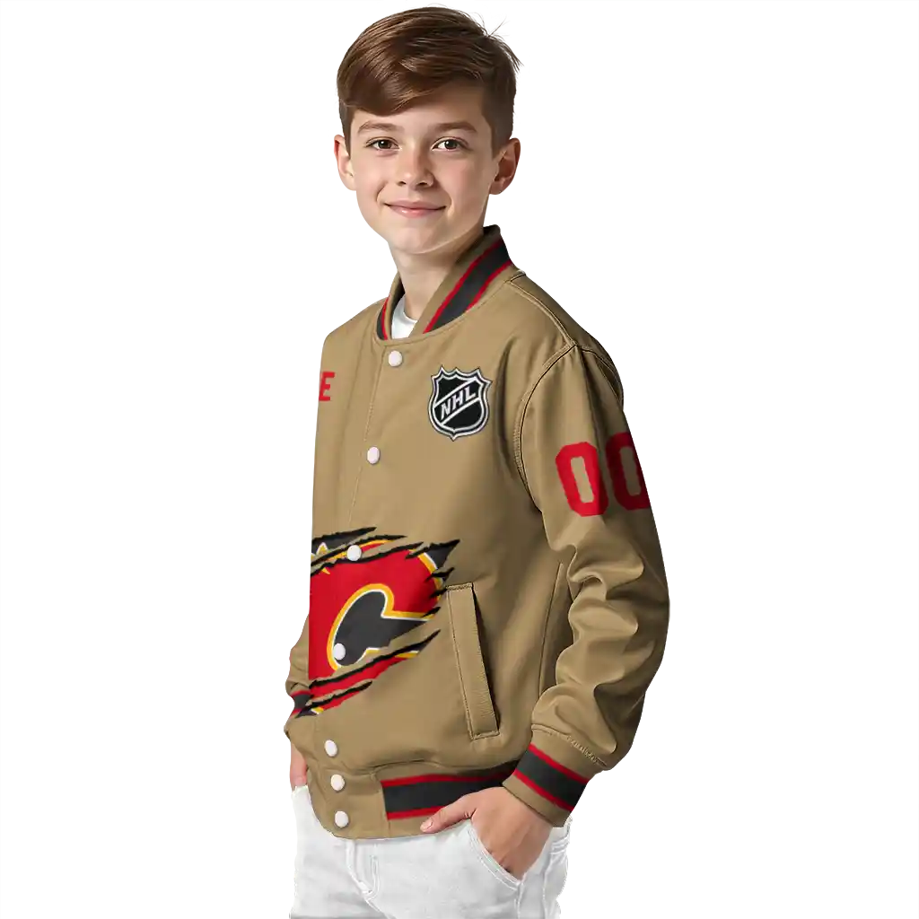 personalized calgary flames claw burst beige varsity jacket trendy personalized calgary flames claw burst beige varsity jacket trendy