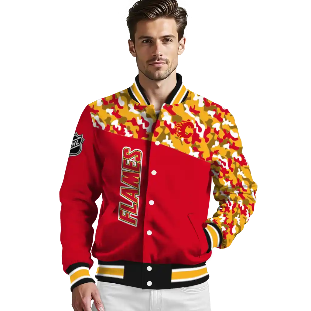 personalized calgary flames flag scratch effect red varsity jacket high quality personalized calgary flames flag scratch effect red varsity jacket high quality