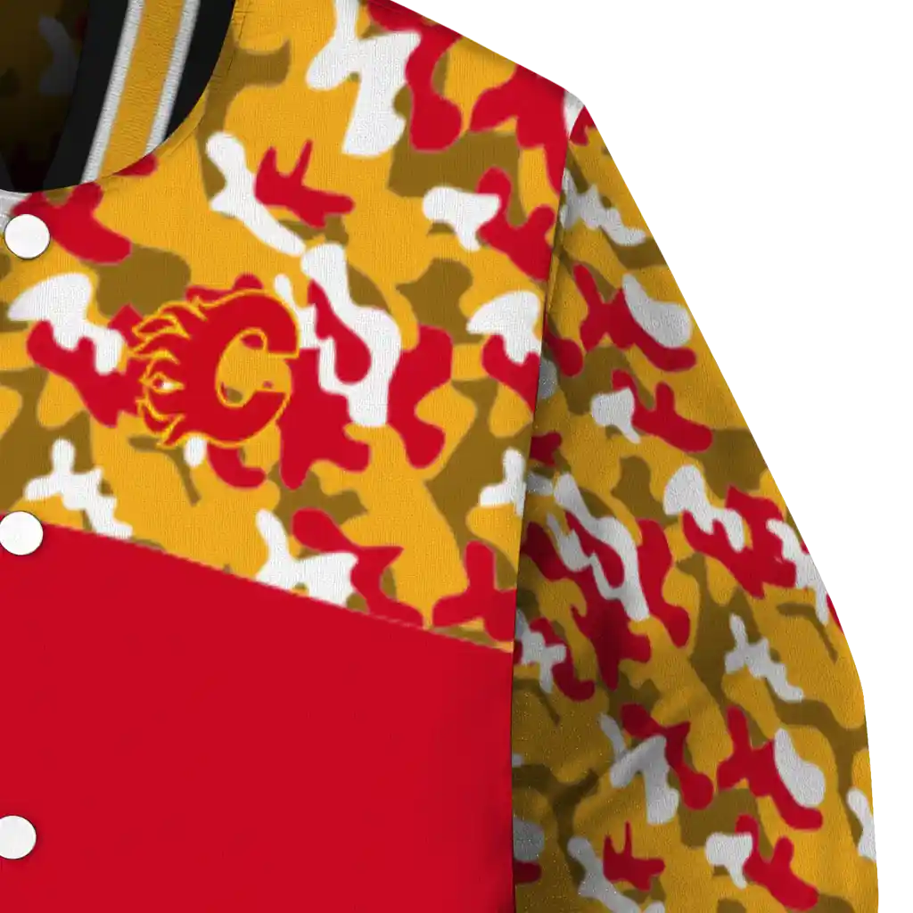 personalized calgary flames flag scratch effect red varsity jacket premium grade personalized calgary flames flag scratch effect red varsity jacket premium grade