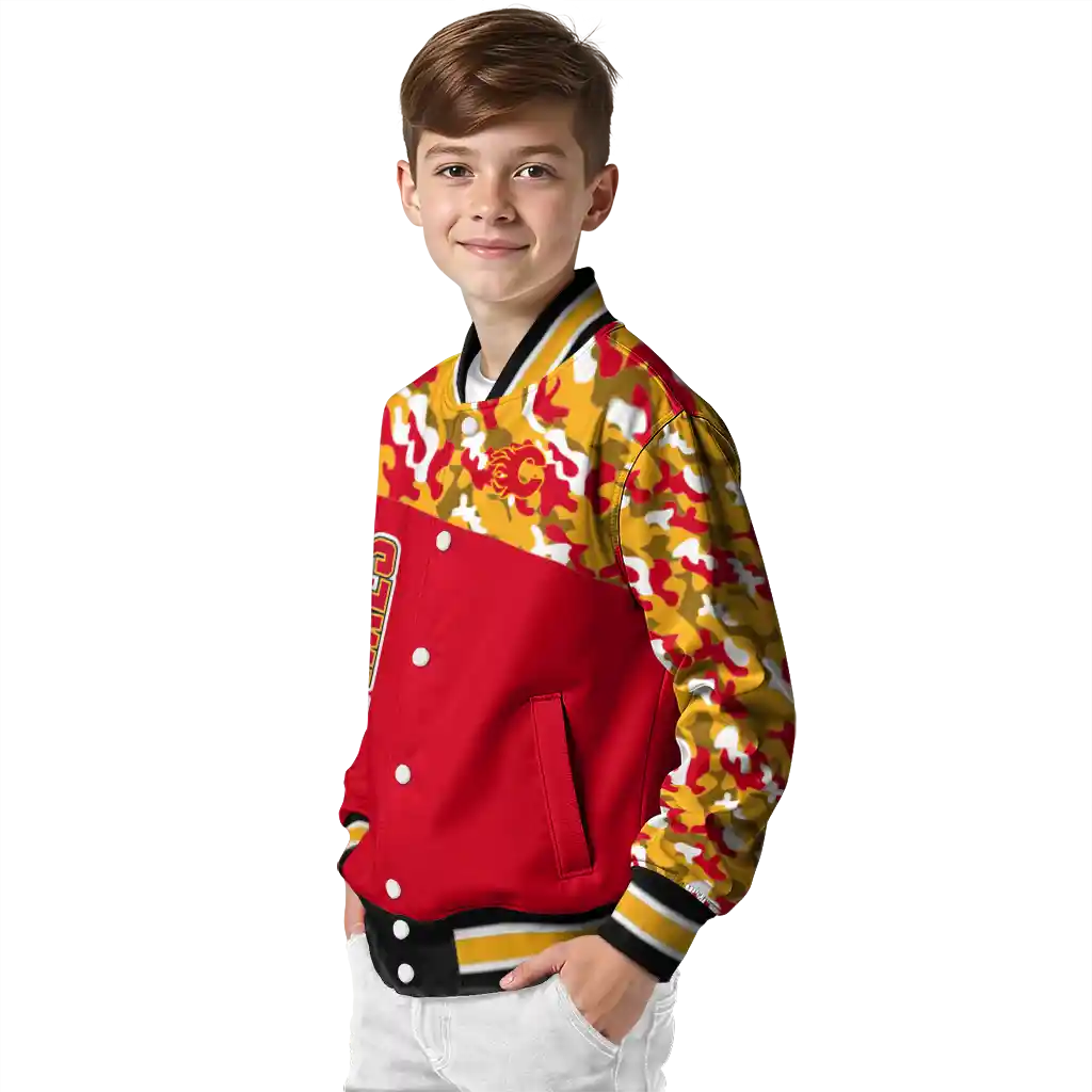personalized calgary flames flag scratch effect red varsity jacket trendy personalized calgary flames flag scratch effect red varsity jacket trendy