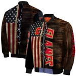 personalized calgary flames flag wood brown bomber jacket best selling