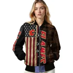 personalized calgary flames flag wood brown bomber jacket best selling