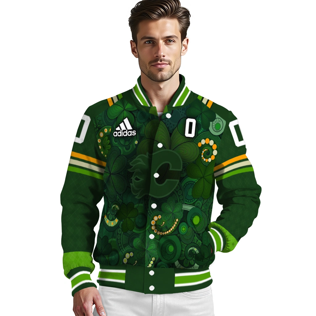 personalized calgary flames shamrock vortex green varsity jacket high quality personalized calgary flames shamrock vortex green varsity jacket high quality