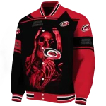 personalized carolina hurricanes reaper hands red black varsity jacket best selling
