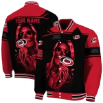 personalized carolina hurricanes reaper hands red black varsity jacket best selling