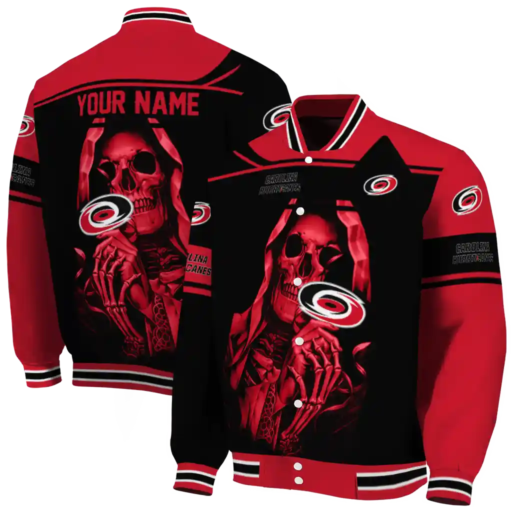 personalized carolina hurricanes reaper hands red black varsity jacket fashion forward personalized carolina hurricanes reaper hands red black varsity jacket fashion forward