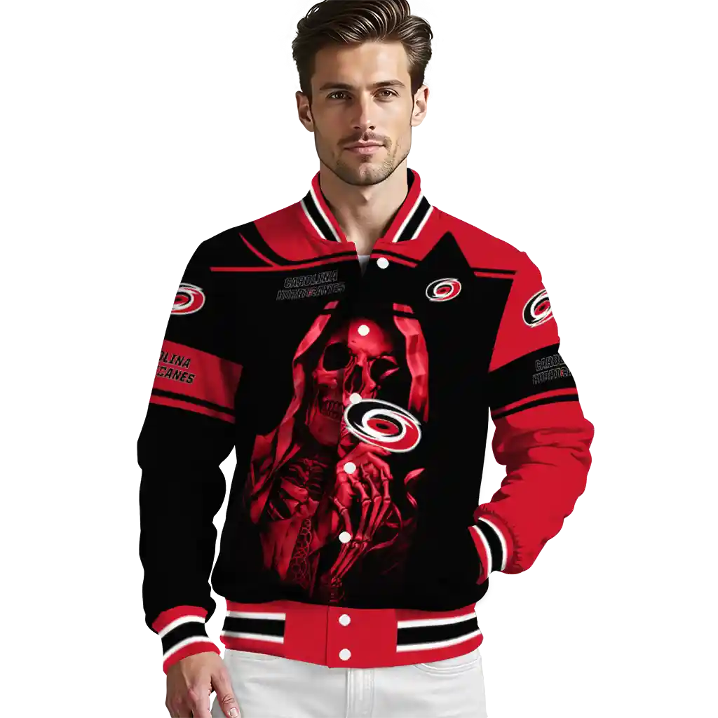 personalized carolina hurricanes reaper hands red black varsity jacket high quality personalized carolina hurricanes reaper hands red black varsity jacket high quality