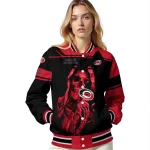 personalized carolina hurricanes reaper hands red black varsity jacket best selling