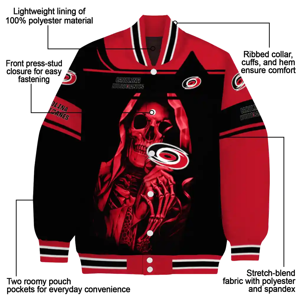 personalized carolina hurricanes reaper hands red black varsity jacket new arrival personalized carolina hurricanes reaper hands red black varsity jacket new arrival