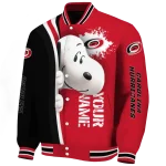 personalized carolina hurricanes snoopy head red varsity jacket best selling