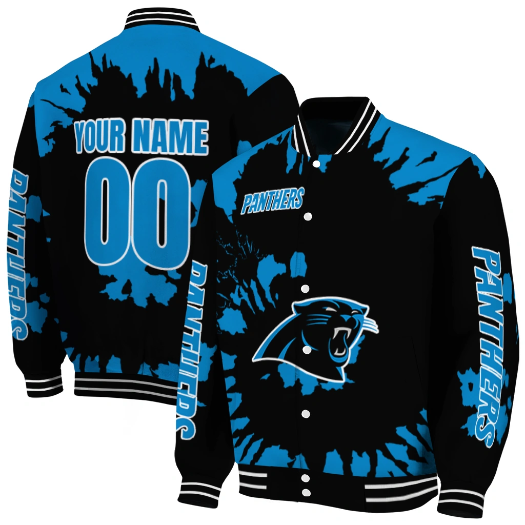 personalized carolina panthers burst splatter blue varsity jacket fashion forward personalized carolina panthers burst splatter blue varsity jacket fashion forward