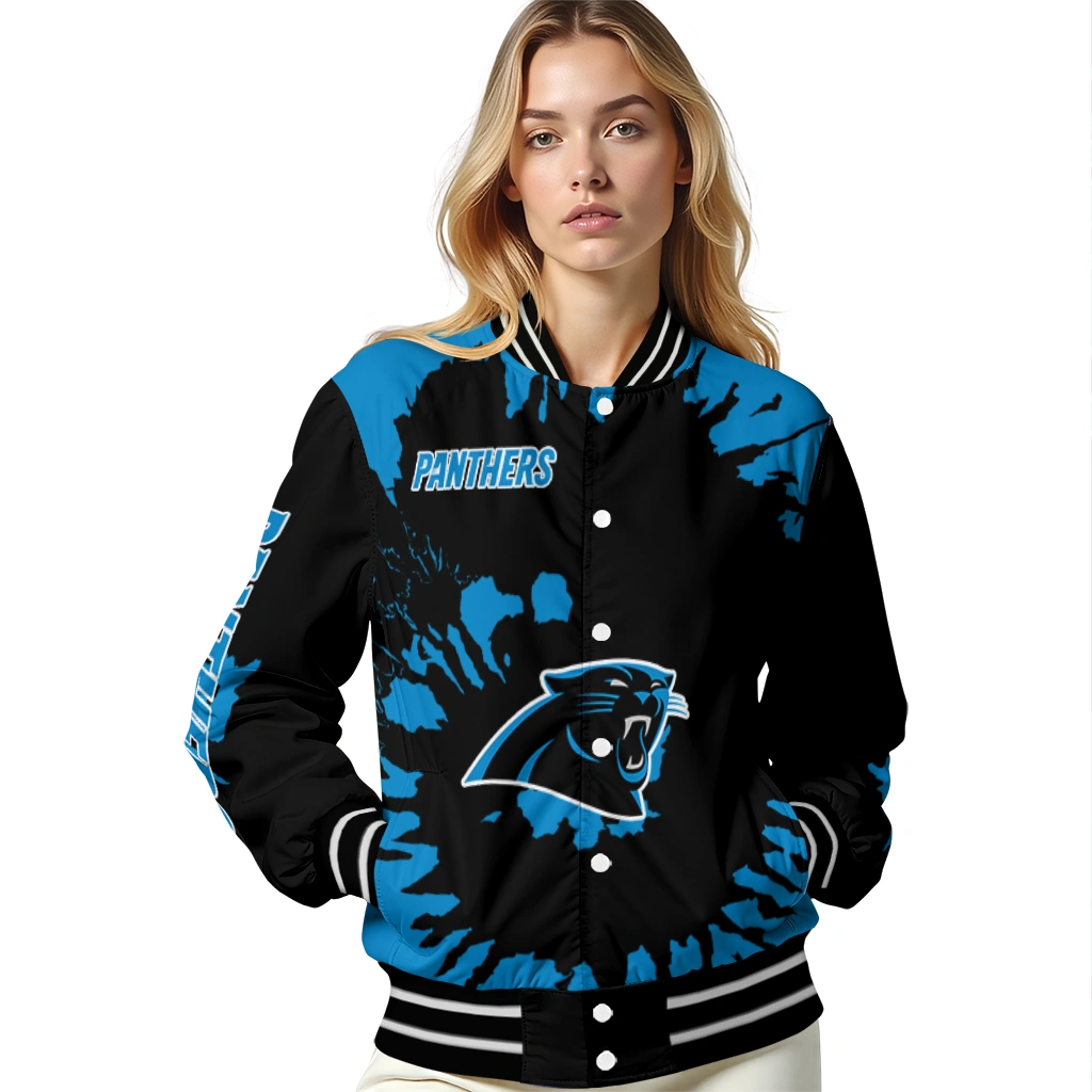 personalized carolina panthers burst splatter blue varsity jacket latest model personalized carolina panthers burst splatter blue varsity jacket latest model