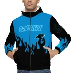 personalized carolina panthers flame trim blue black windbreaker jacket best selling