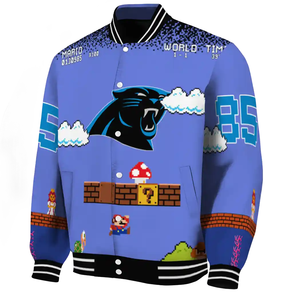 personalized carolina panthers mario blocks blue black varsity jacket best selling personalized carolina panthers mario blocks blue black varsity jacket best selling