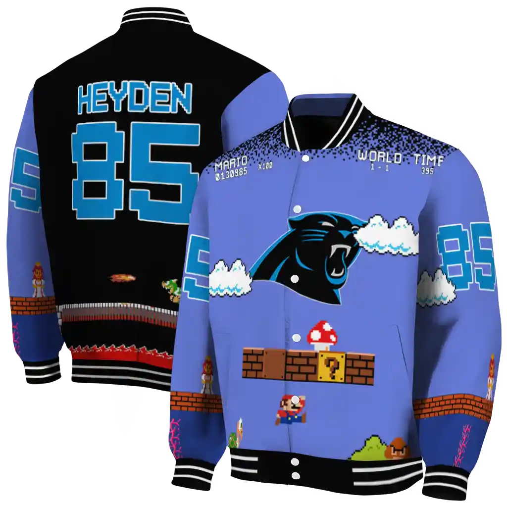 personalized carolina panthers mario blocks blue black varsity jacket fashion forward personalized carolina panthers mario blocks blue black varsity jacket fashion forward