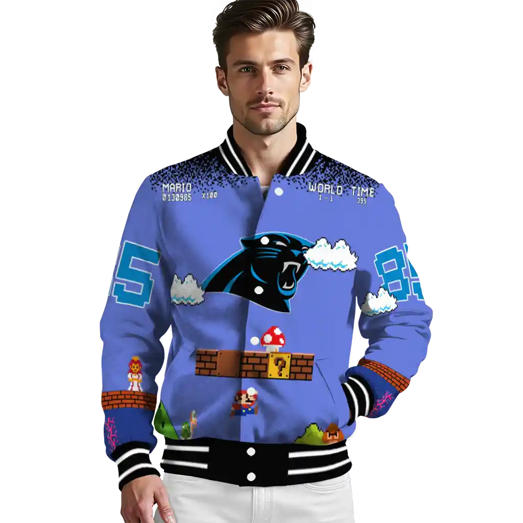 personalized carolina panthers mario blocks blue black varsity jacket high quality personalized carolina panthers mario blocks blue black varsity jacket high quality