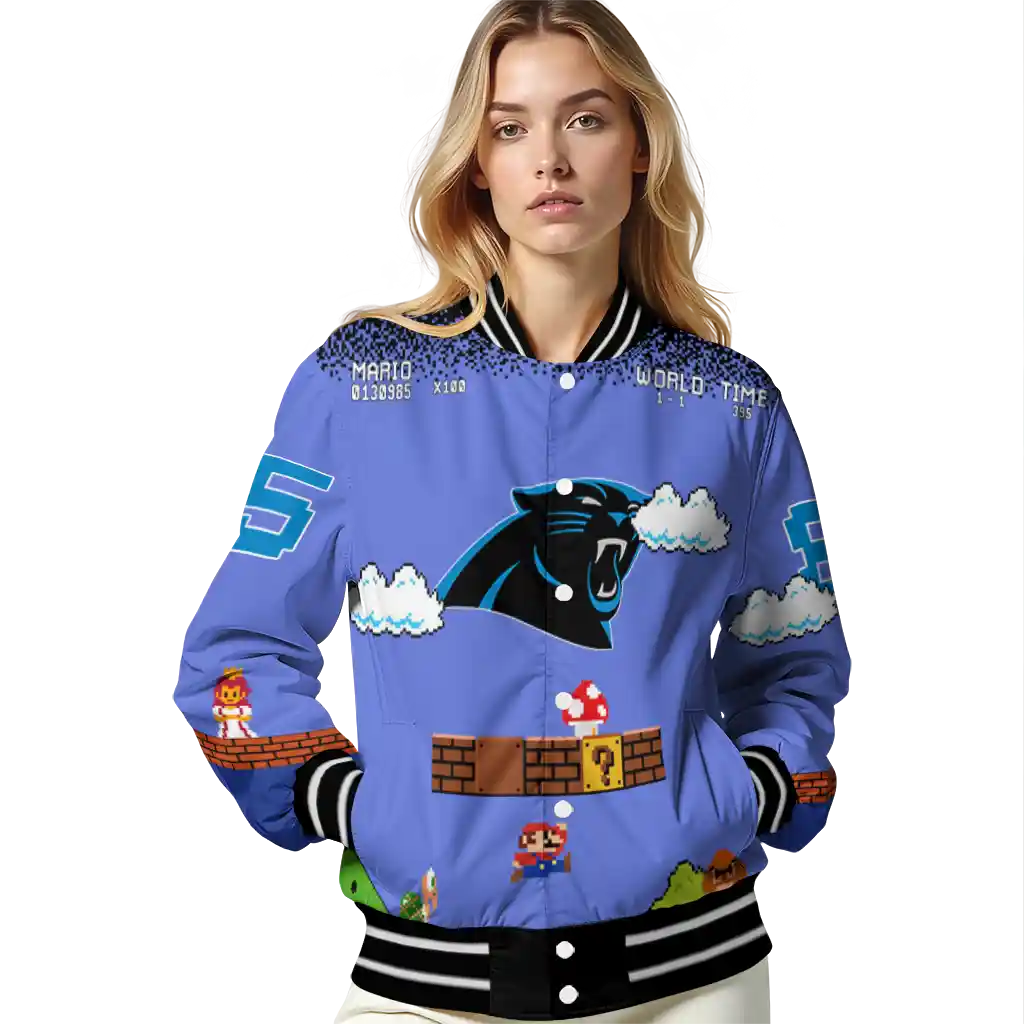 personalized carolina panthers mario blocks blue black varsity jacket latest model personalized carolina panthers mario blocks blue black varsity jacket latest model