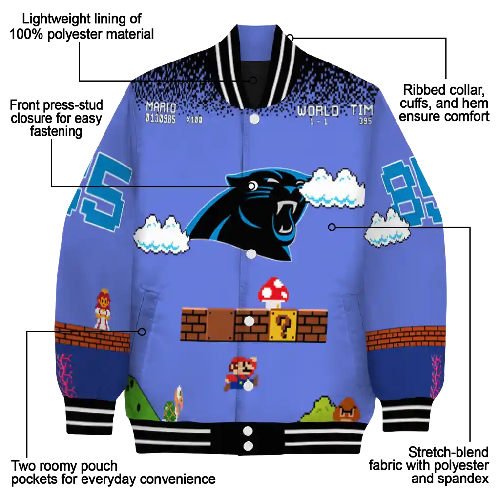 personalized carolina panthers mario blocks blue black varsity jacket new arrival personalized carolina panthers mario blocks blue black varsity jacket new arrival