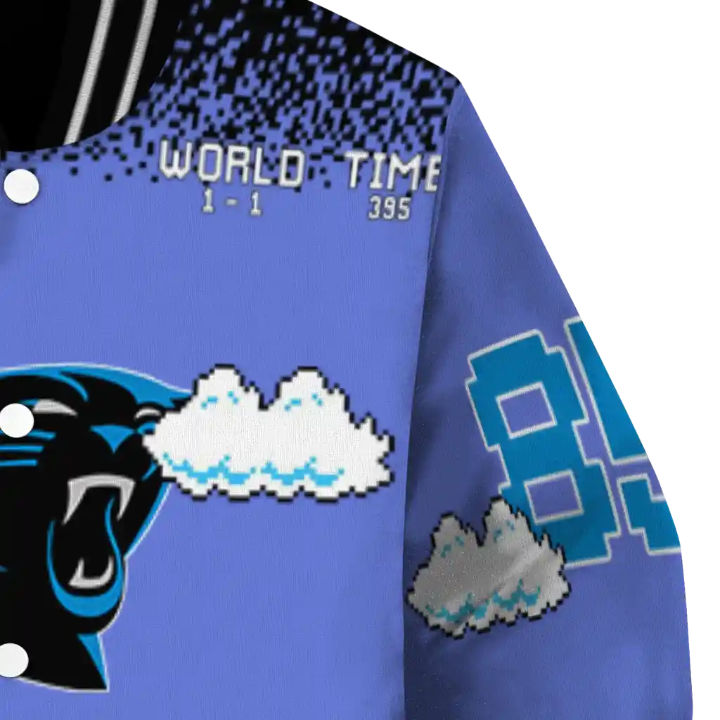 personalized carolina panthers mario blocks blue black varsity jacket premium grade personalized carolina panthers mario blocks blue black varsity jacket premium grade
