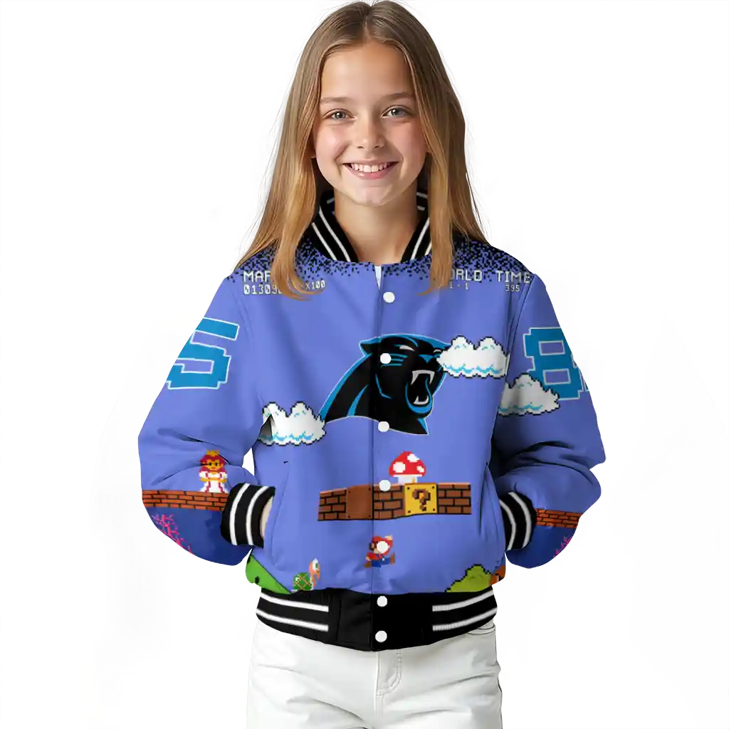 personalized carolina panthers mario blocks blue black varsity jacket top rated personalized carolina panthers mario blocks blue black varsity jacket top rated
