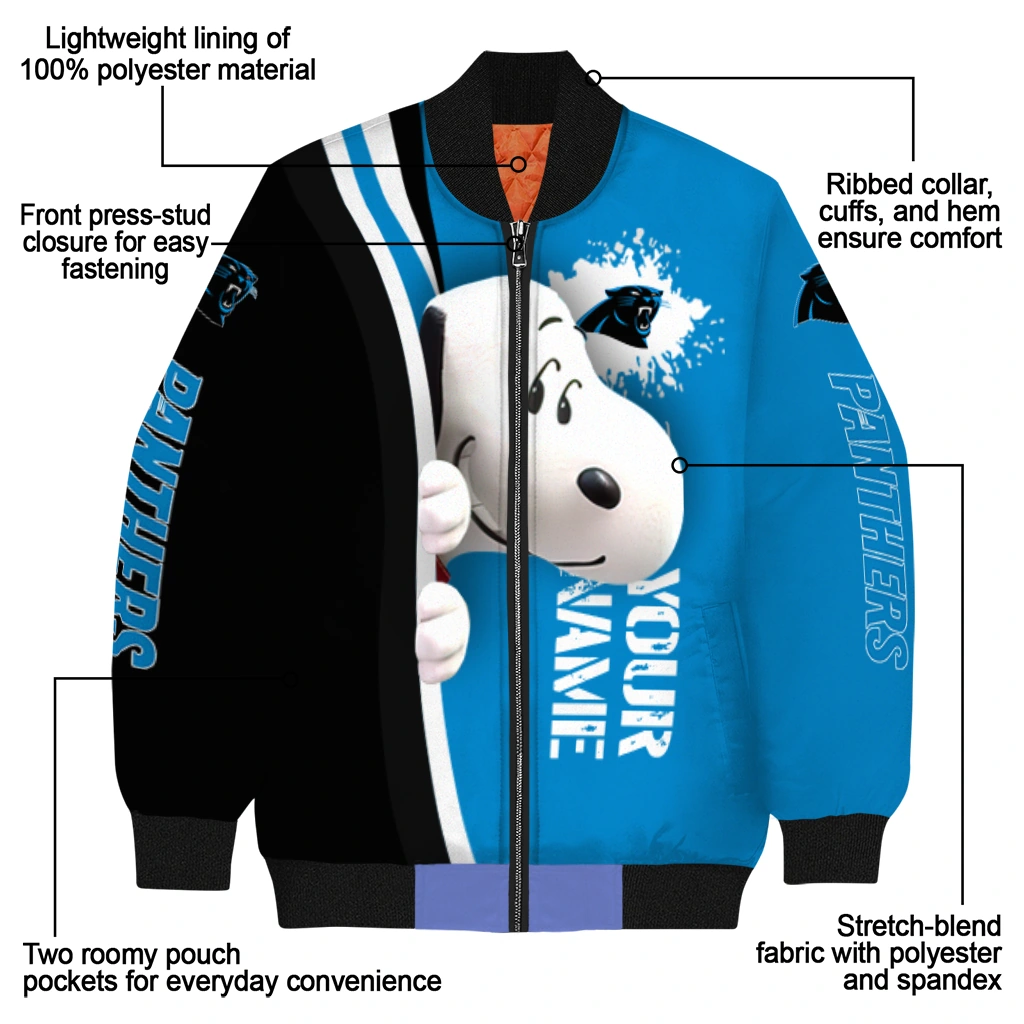 personalized carolina panthers snoopy head blue bomber jacket new arrival personalized carolina panthers snoopy head blue bomber jacket new arrival