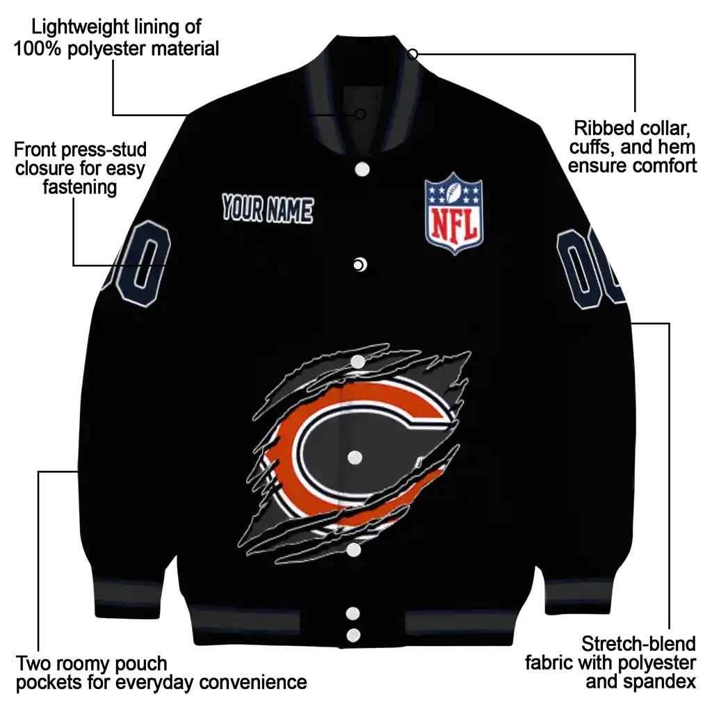personalized chicago bears claw scratch black varsity jacket new arrival personalized chicago bears claw scratch black varsity jacket new arrival
