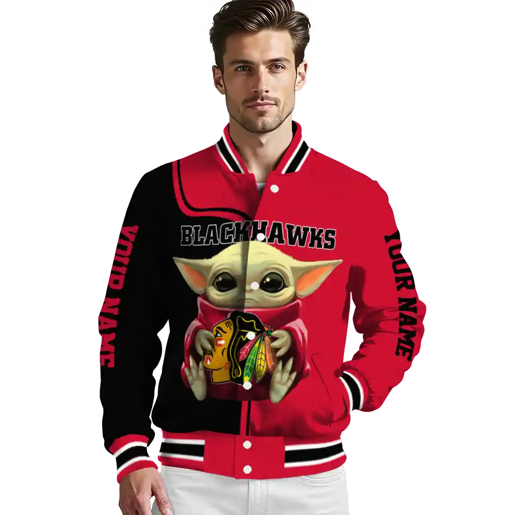 personalized chicago blackhawks adorable yoda red black varsity jacket high quality personalized chicago blackhawks adorable yoda red black varsity jacket high quality