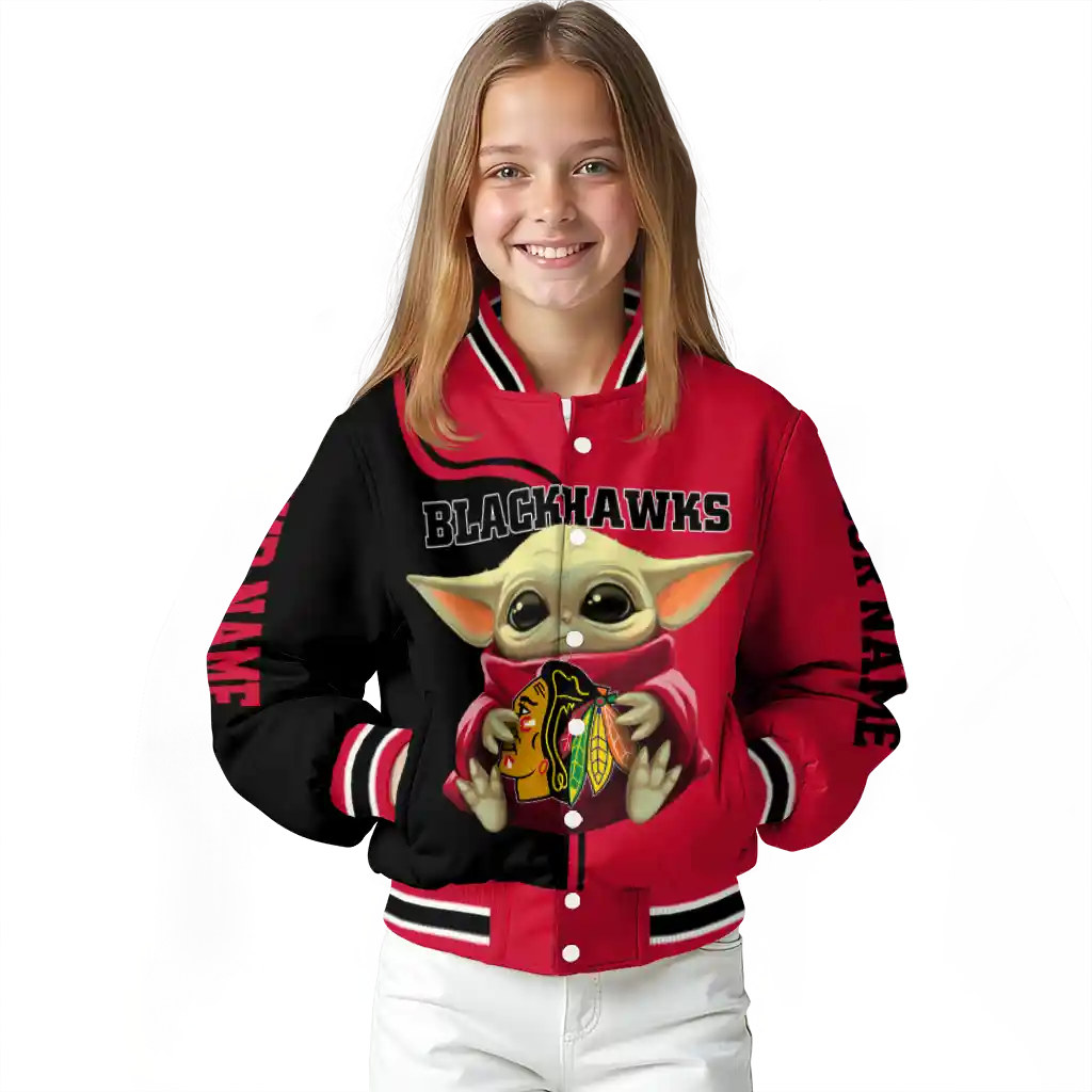 personalized chicago blackhawks adorable yoda red black varsity jacket top rated personalized chicago blackhawks adorable yoda red black varsity jacket top rated